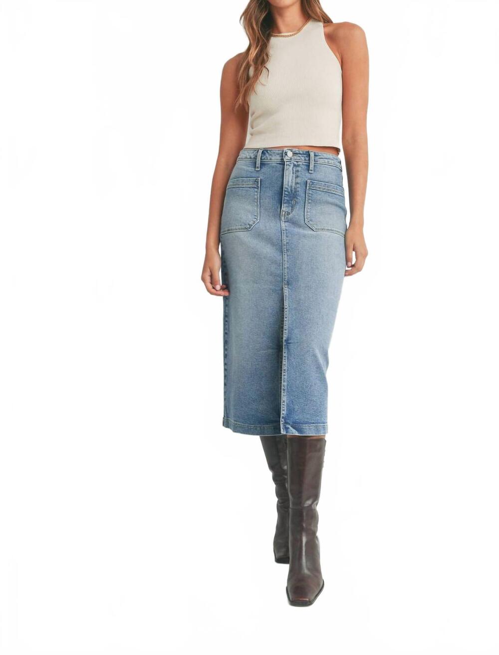 NEW JUST BLACK DENIM utility pocket midi skirt in blue